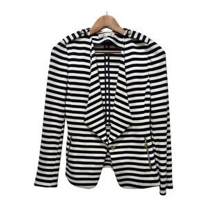 Tahari Arthur S Levine Striped Knit Blazer Navy White Gold Button Zip Pocket S 2